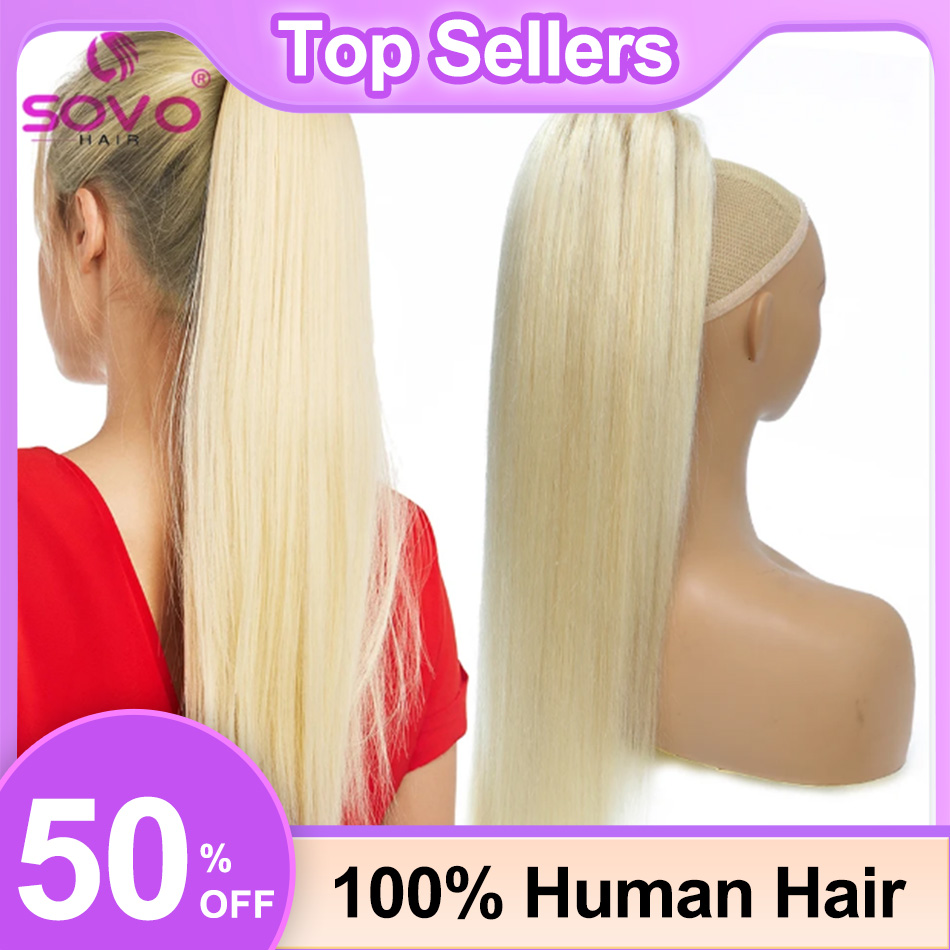 Seamless Clip In Hair Extensions Human Hair - SOVO Drawstring Ponytail Human Hair Straight