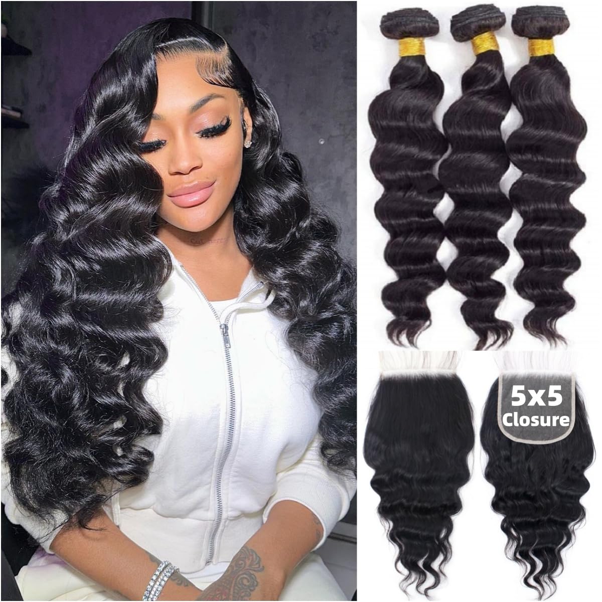 Loose Wave Human Hair Bundles  - Deep Wave 3 Bundles With Closure review and price